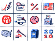 A grid of 12 hand-drawn editorial illustrations related to the 2020 US election, including a ballot, mailbox, USPS truck, vote button, ballot box, and the number 2020.