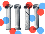 Editorial illustration of four classical Ionic columns, two intact and two cracked, surrounded by red and blue circles suggesting political themes.