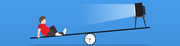 Editorial illustration of a child sitting on a seesaw balanced on a clock, with a television on the other end, symbolizing screen time balance.