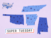 Decorative editorial illustration for Super Tuesday featuring blue cutout shapes of US states Tennessee, Oklahoma, Arkansas, and Alabama with stars, plus a small US map inset.