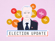 Editorial illustration of a suited politician with an American flag pin surrounded by colorful circles with percent signs, labeled Election Update.
