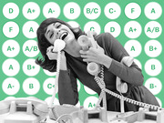 Editorial collage of a vintage black-and-white photo of a woman laughing while holding multiple telephone receivers, set against a green background filled with letter-grade circles.