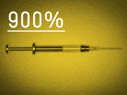Yellow-tinted editorial graphic showing a medical syringe with large white text reading 900%, likely referencing a drug price increase statistic.