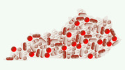 Editorial illustration of the state of Kentucky filled with pills, capsules, and red dots, representing the opioid crisis.