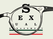 Editorial illustration of glasses magnifying an eye chart that spells out 'Sexual Harassment' with smaller text below reading 'hostility' and 'coercion'.