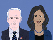 Editorial cartoon illustration of two political figures, an older white-haired man in a suit with an American flag pin and a woman with dark hair wearing a blue blazer and pearl necklace.