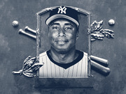 Editorial illustration of a New York Yankees baseball player framed in a Hall of Fame-style plaque with crossed bats, baseballs, and laurel decorations.