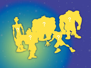 Yellow silhouettes of five mystery cartoon or fictional characters with question marks on a blue-green gradient background.