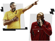 Editorial collage illustration of two college basketball coaches, one in a yellow Michigan jersey pointing and one in a red Nike jacket shouting.