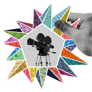 Collage illustration featuring a vintage film camera at center surrounded by colorful triangular fragments of charts, graphs, and text, with a hand giving a thumbs up.