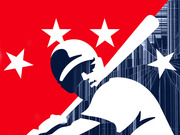 Stylized editorial illustration of a baseball batter silhouette in white and navy on a red background with white stars, evoking the MLB logo.