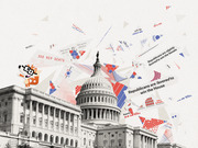 Editorial collage of the US Capitol building with FiveThirtyEight election forecast graphics and the site's fox mascot floating around it, showing Republican House and Senate predictions.