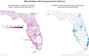 Two maps of Florida showing share of residents aged 65+ by census tract (2011-15) and locations of assisted living facilities, adult family care homes, and hospices (2016).