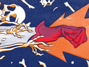 Editorial illustration showing a skeleton hand holding a sword clashing with a red rose against an orange lightning bolt on a blue background.