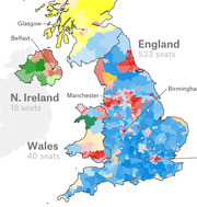 Choropleth map of UK parliamentary constituencies colored by party, showing England (533 seats), Wales (40 seats), N. Ireland (18 seats), with cities Glasgow, Belfast, Manchester, Birmingham labeled.