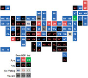 Tile grid map of US states showing Senate vote results by party affiliation, with a legend indicating Dem, GOP, and Independent Aye, Nay, Not Voting, and Vacant categories.