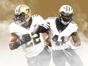 Editorial illustration of two New Orleans Saints NFL players in white and gold uniforms, numbers 22 and 41, posed against a smoky gold background.