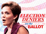Editorial illustration showing a woman against an American flag background with the text Election Deniers on the Ballot.