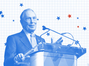Blue-tinted editorial illustration of a man speaking at a podium, set against a grid background with red and blue decorative stars.