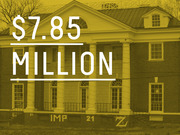 Yellow-tinted photo of a brick colonial building overlaid with large white text reading $7.85 Million, referencing a monetary figure.