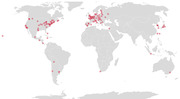World map with red dot markers concentrated in North America, Europe, and East Asia, with sparse coverage in South America, Africa, and Australia.