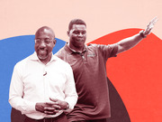 Editorial illustration showing two men against a colorful abstract background of blue, red, and peach shapes, likely depicting Georgia Senate candidates Warnock and Walker.