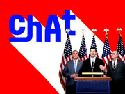 Editorial illustration with bold blue CHAT text on a red and white geometric background, overlaid with a photo of politicians at a podium with American flags.