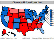 US electoral map showing Obama vs McCain projection as of October 23, 2008, with states colored blue for Obama and red for McCain, showing Obama 354.4 to McCain 183.6.
