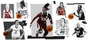 Editorial collage of seven women's college basketball players in black-and-white with orange-highlighted basketballs, representing teams including Arkansas, Nebraska, DePaul, BYU, Maryland, Villanova, and Colorado.
