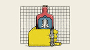 Editorial illustration of a tattooed yellow hand holding a red bottle with a cobra label against a grid background.