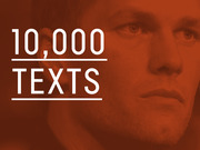 Editorial graphic with a red-tinted photo of a man's face overlaid with large white text reading 10,000 TEXTS.