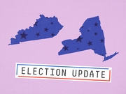 Editorial illustration showing blue star-patterned silhouettes of Kentucky and New York states on a pink background with an Election Update label.