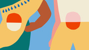 Abstract colorful editorial illustration featuring stylized human figures and pill-like shapes in yellow, orange, blue, teal, and pink tones.