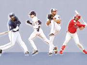 Editorial illustration showing four MLB baseball players in action poses representing different teams including the Padres, Brewers, Nationals, and Phillies.
