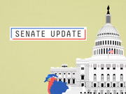 Editorial illustration showing the U.S. Capitol building with an American flag and a red-and-blue state map silhouette, alongside a Senate Update title banner.