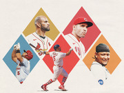 Editorial illustration featuring MLB players including Albert Pujols number 5 in Cardinals uniform and other baseball players arranged with colorful diamond shapes.