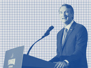 Blue-tinted editorial illustration of Glenn Youngkin speaking at a podium labeled Youngkin Governor, set against a grid-paper background.