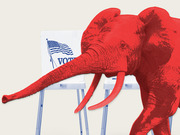 Editorial illustration of a red elephant, the Republican Party symbol, leaning over voting booths displaying an American flag and the word VOTE.
