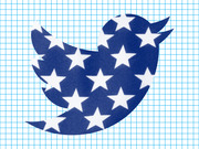 Editorial illustration of the Twitter bird logo filled with an American flag stars pattern on a blue grid background.