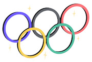 Stylized cartoon illustration of the five Olympic rings in blue, gray, red, yellow, and teal with sparkle accents.