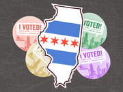 Editorial illustration showing the state of Illinois with the Chicago flag design overlaid, surrounded by colorful multilingual I Voted stickers against a dark map background.
