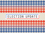 Decorative Election Update header graphic with red and blue dots fading into each other and a central text box reading Election Update.