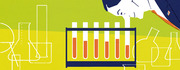 Editorial illustration showing a hand holding a pipette over a rack of test tubes filled with orange liquid, surrounded by outline drawings of lab glassware on a green background.