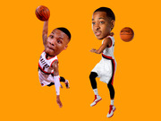 Caricature-style editorial illustration of two Portland Trail Blazers basketball players with oversized heads on orange background, each with a Spalding basketball.
