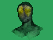 Watercolor illustration of a faceless human head and shoulders with yellow-green glowing areas on the forehead against a green background.