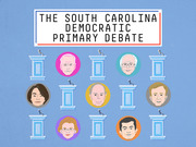 Editorial illustration showing six illustrated candidate portraits at debate podiums for the South Carolina Democratic Primary Debate.