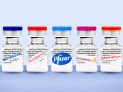 Illustrated COVID-19 vaccine vials labeled with five manufacturer brands: Novavax, Moderna, Pfizer, AstraZeneca, and Johnson & Johnson.