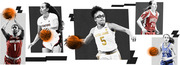 Editorial collage of five women's college basketball players from Maryland, Stanford, Notre Dame, Ohio State, and Duke in a stylized graphic layout.