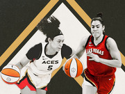 Editorial collage illustration of two Las Vegas Aces WNBA players dribbling basketballs against a geometric gold and black background.