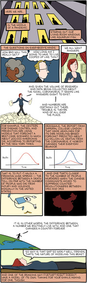Editorial comic strip about COVID-19 pandemic modeling uncertainty, contrasting CDC and Imperial College London death forecasts and explaining why FiveThirtyEight has no model.